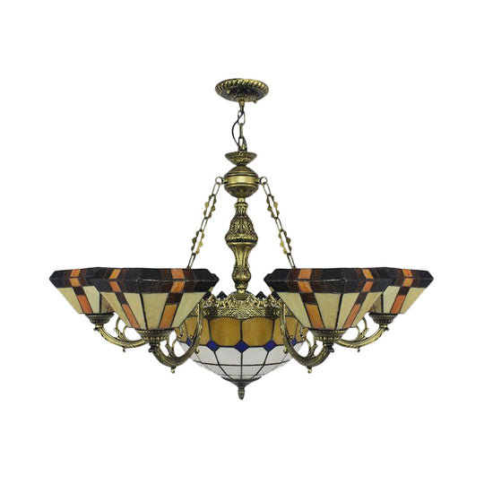 Vintage Tiffany-Style Yellow Shuttlecock Chandelier With Central Dome And Art Glass