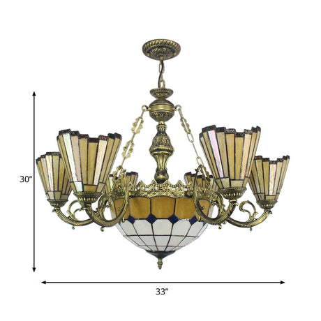 Vintage Tiffany-Style Yellow Shuttlecock Chandelier With Central Dome And Art Glass
