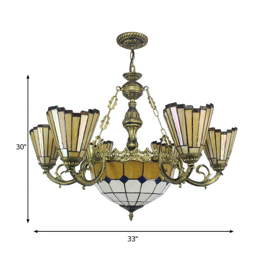 Vintage Tiffany-Style Yellow Shuttlecock Chandelier With Central Dome And Art Glass