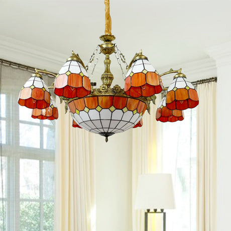 Vintage Tiffany Art Glass Chandelier In Orange For Hotel Hallway - 9/13 Lights Grid Dome Design 9 /