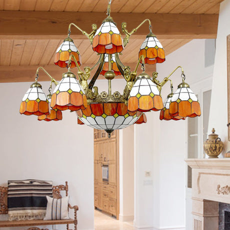 Vintage Tiffany Art Glass Chandelier In Orange For Hotel Hallway - 9/13 Lights Grid Dome Design 13 /