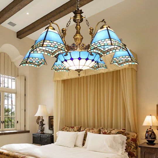 Stained Glass Pyramid Chandelier - 9-Light Mediterranean Fixture In Blue