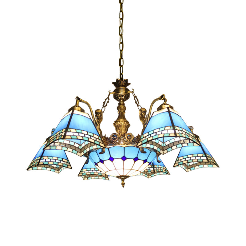 Stained Glass Pyramid Chandelier - 9-Light Mediterranean Fixture In Blue
