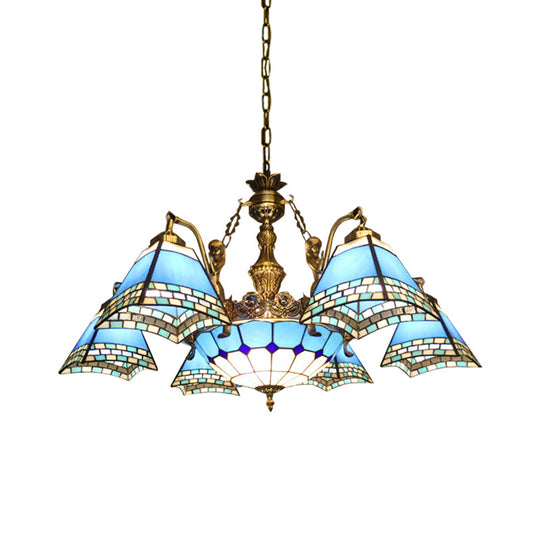 Stained Glass Pyramid Chandelier - 9-Light Mediterranean Fixture In Blue