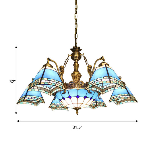 Stained Glass Pyramid Chandelier - 9-Light Mediterranean Fixture In Blue