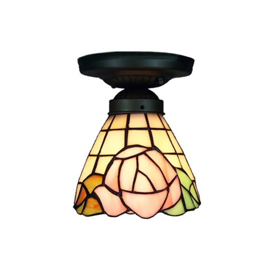Tiffany Stained Glass Ceiling Mount Light For Cloth Shop – 1-Head Flower/Bird/Phoenix Design In