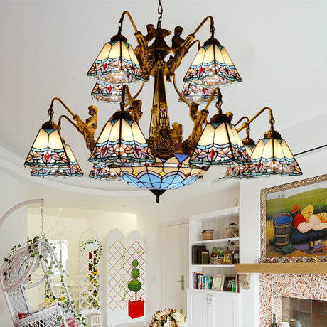 Blue Tiffany Stained Glass Chandelier Lamp - Cone/Dome Pendant Light With 15 Lights Baroque/Magnolia