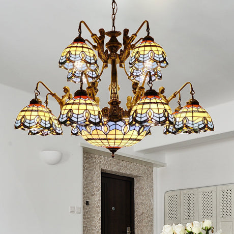 Blue Tiffany Stained Glass Chandelier Lamp - Cone/Dome Pendant Light With 15 Lights Baroque/Magnolia
