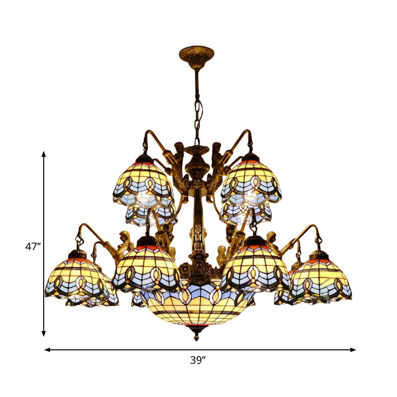 Blue Stained Glass Chandelier - Tiffany Style With 15 Lights And Baroque/Magnolia Pattern