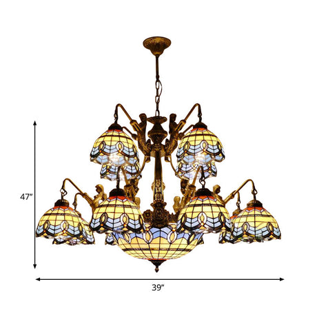 Blue Tiffany Stained Glass Chandelier Lamp - Cone/Dome Pendant Light With 15 Lights Baroque/Magnolia