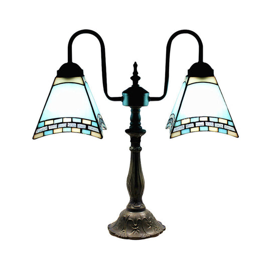 Antique Tiffany Desk Lamp In Blue/White - Office Craftsman Shade Reading Light Art Glass 2 Lights