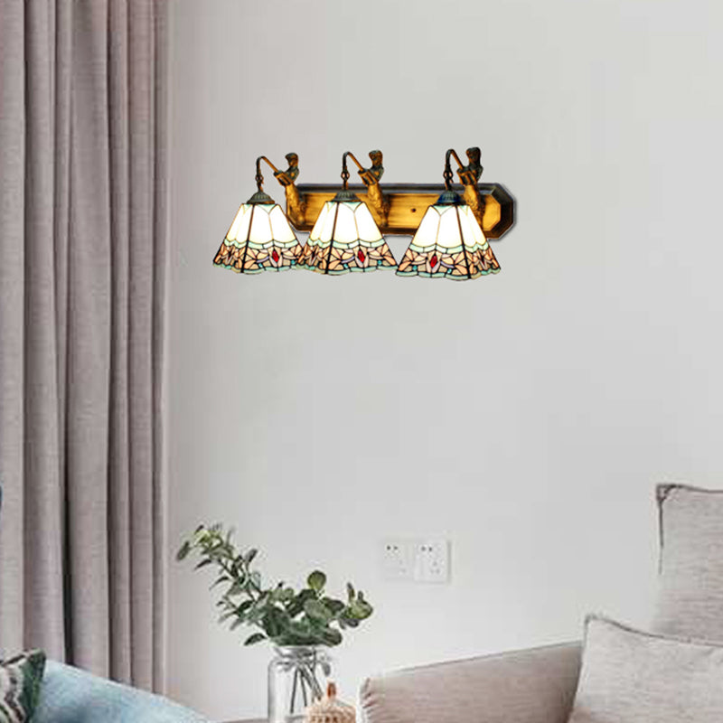 Tiffany 3-Headed Wall Sconce Light Fixture - Orange/Blue Glass Trapezoid Design