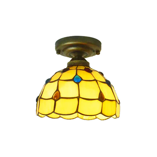 Tiffany Class Beige/Yellow Ceiling Light With Jewelry Shell – Restaurant Lattice Bowl Flush Fixture