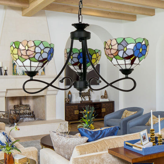 Tiffany Rustic Stained Glass Chandelier With Petal 3 Heads And Floral Pattern For Study Room