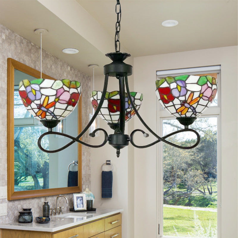 Tiffany Rustic Stained Glass Chandelier With Petal 3 Heads And Floral Pattern For Study Room