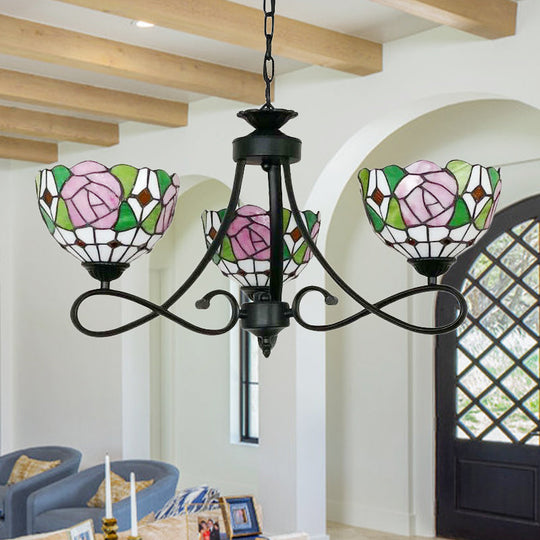 Tiffany Rustic Stained Glass Chandelier With Petal 3 Heads And Floral Pattern For Study Room