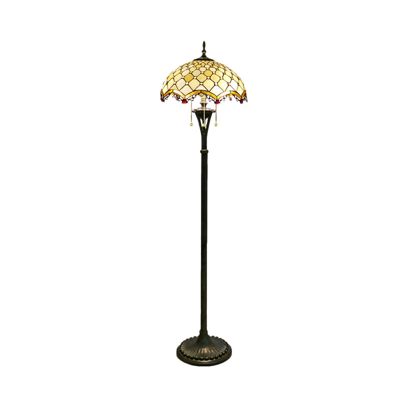 Baroque Brass Cut Glass Floor Lamp With Scalloped Reading Lights And Beaded/Floral Pattern