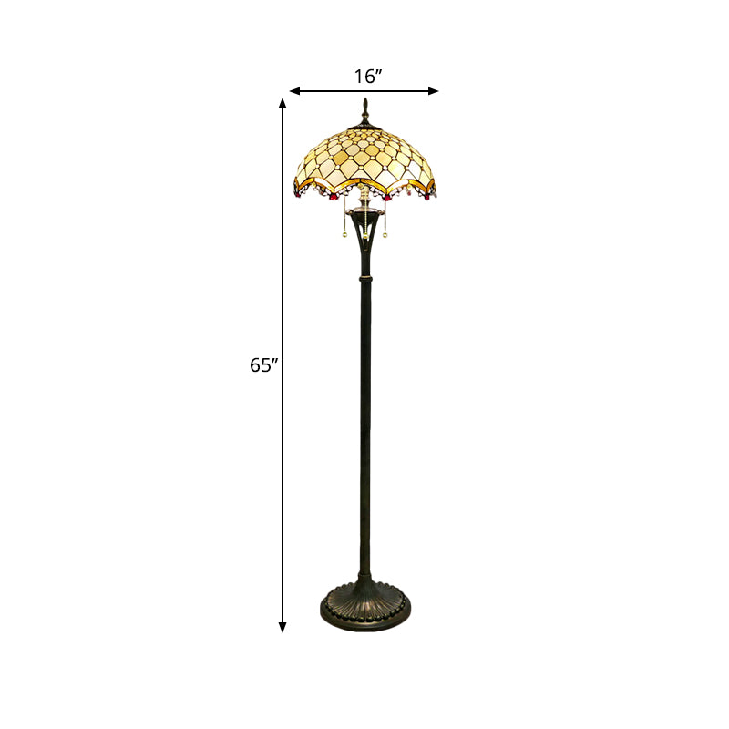 Baroque Brass Cut Glass Floor Lamp With Scalloped Reading Lights And Beaded/Floral Pattern