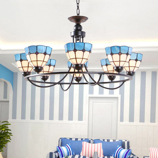 Tiffany Classic Chandelier: Metal Ring Suspension Light With Grid Bowl (6/8 Lights) In Blue And