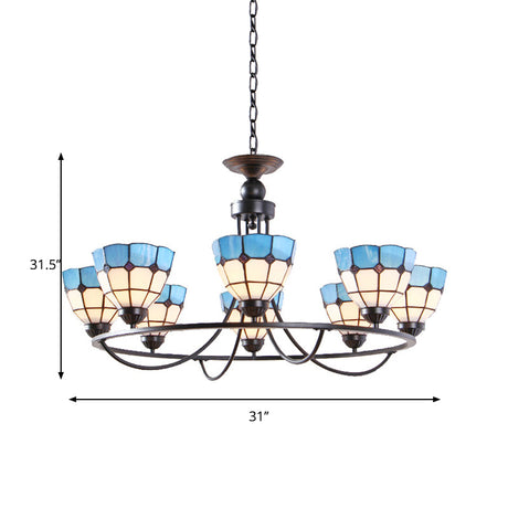 Blue & White Tiffany Classic Chandelier - Metal Ring Suspension Light With Grid Bowl (6/8 Lights)