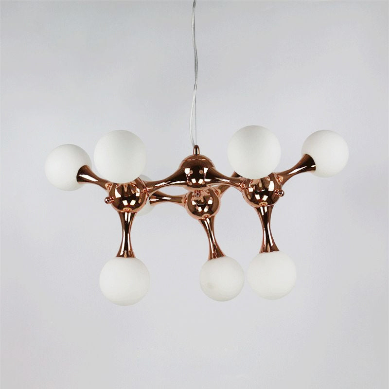 Contemporary Metal Chandelier With 9/15 Lights: Starburst Style Rose Gold Finish White Glass Bubble