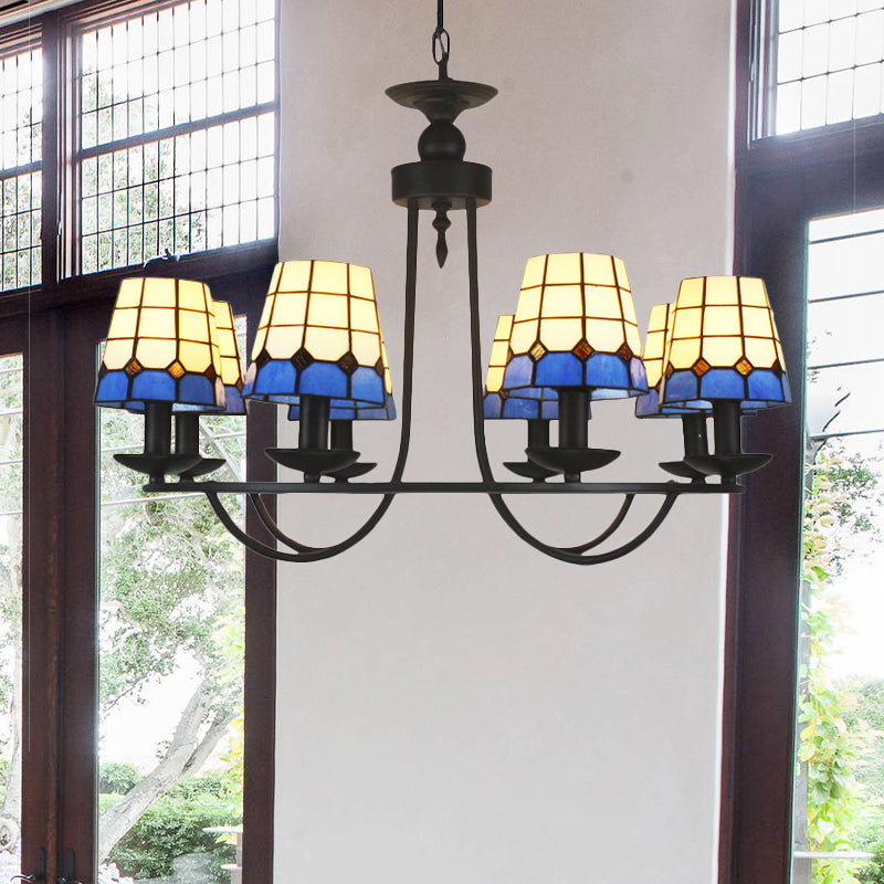 Tiffany Blue Glass Lattice Bucket Chandelier With Multiple Hanging Heads - Ideal For Hotels And