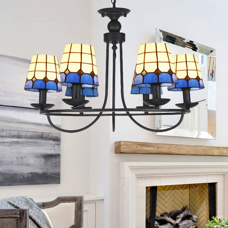 Tiffany Blue Glass Lattice Bucket Chandelier With Multiple Hanging Heads - Ideal For Hotels And