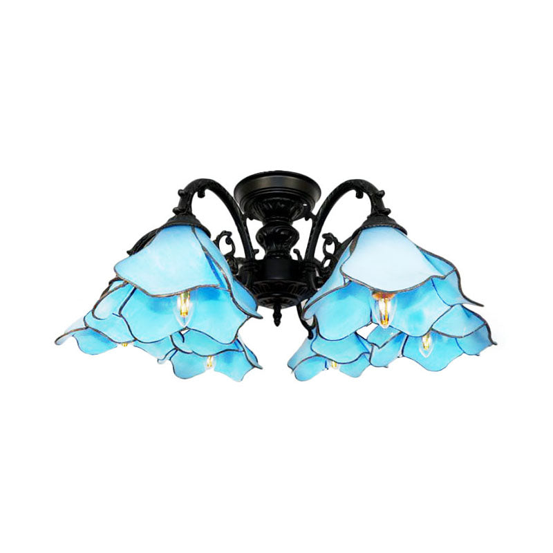 Tiffany Blue Chandelier: 6-Light Bookstore Flower Pendant Light With Creative Art Glass - Perfect