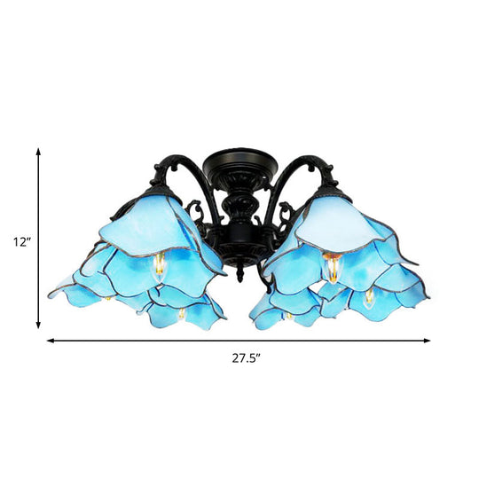 Tiffany Blue Chandelier: 6-Light Bookstore Flower Pendant Light With Creative Art Glass - Perfect