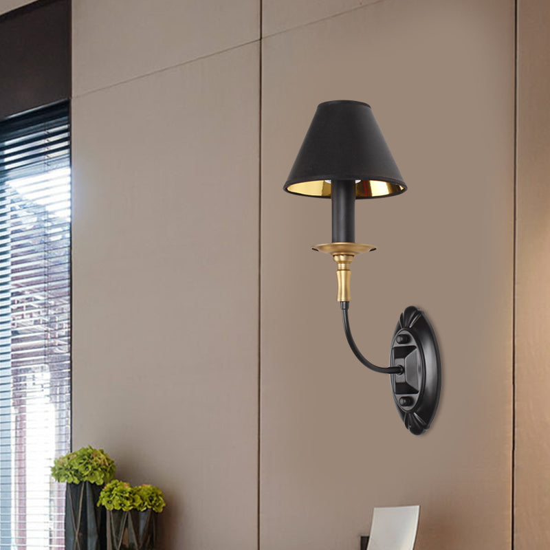 Vintage Black Fabric Wall Sconce With Curvy Arm For Hallway Lighting