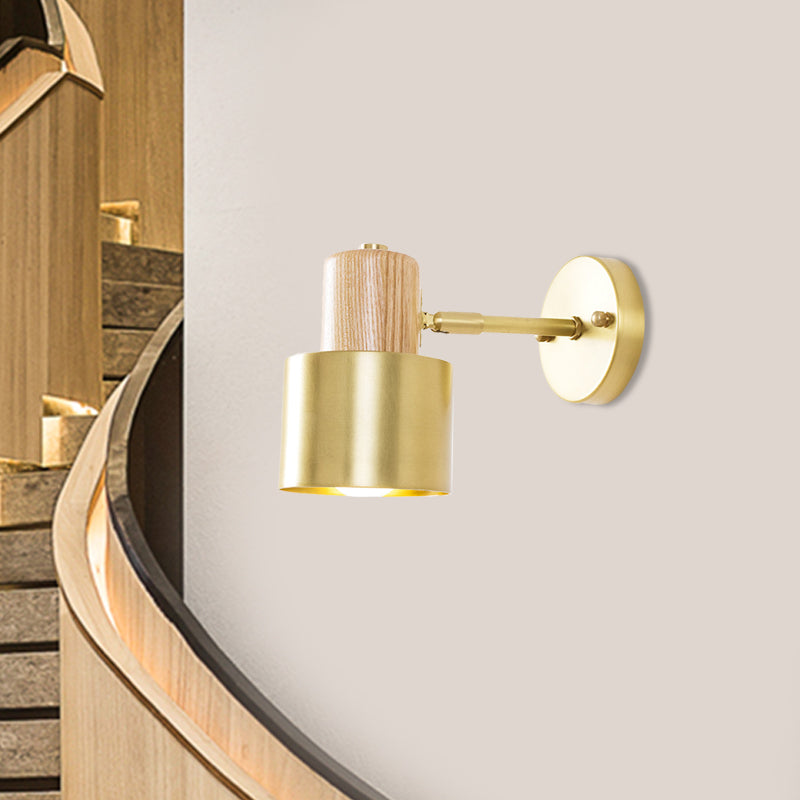 Colonial Metal Cylinder Wall Sconce With Wooden Top - Beige/Brown 1-Light Fixture For Bedroom