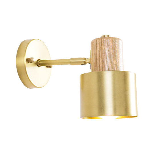 Colonial Metal Cylinder Wall Sconce With Wooden Top - Beige/Brown 1-Light Fixture For Bedroom