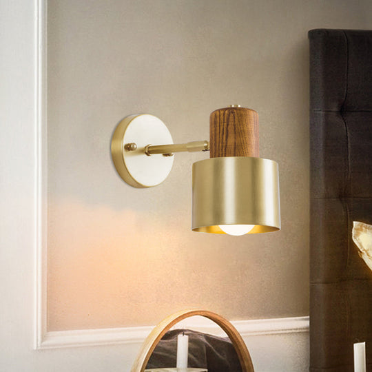 Colonial Metal Cylinder Wall Sconce With Wooden Top - Beige/Brown 1-Light Fixture For Bedroom