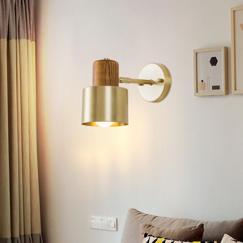 Colonial Metal Cylinder Wall Sconce With Wooden Top - Beige/Brown 1-Light Fixture For Bedroom