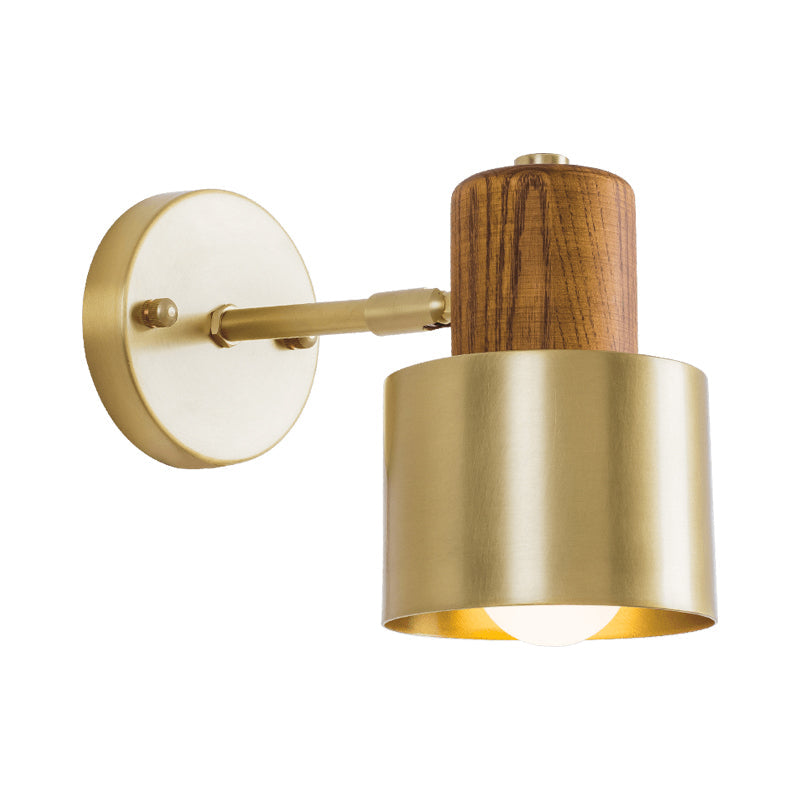 Colonial Metal Cylinder Wall Sconce With Wooden Top - Beige/Brown 1-Light Fixture For Bedroom
