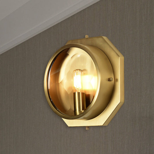 Colonial Octagon Wall Mounted Gold Sconce With Crystal Accent - 1 Head Metal Light Fixture For