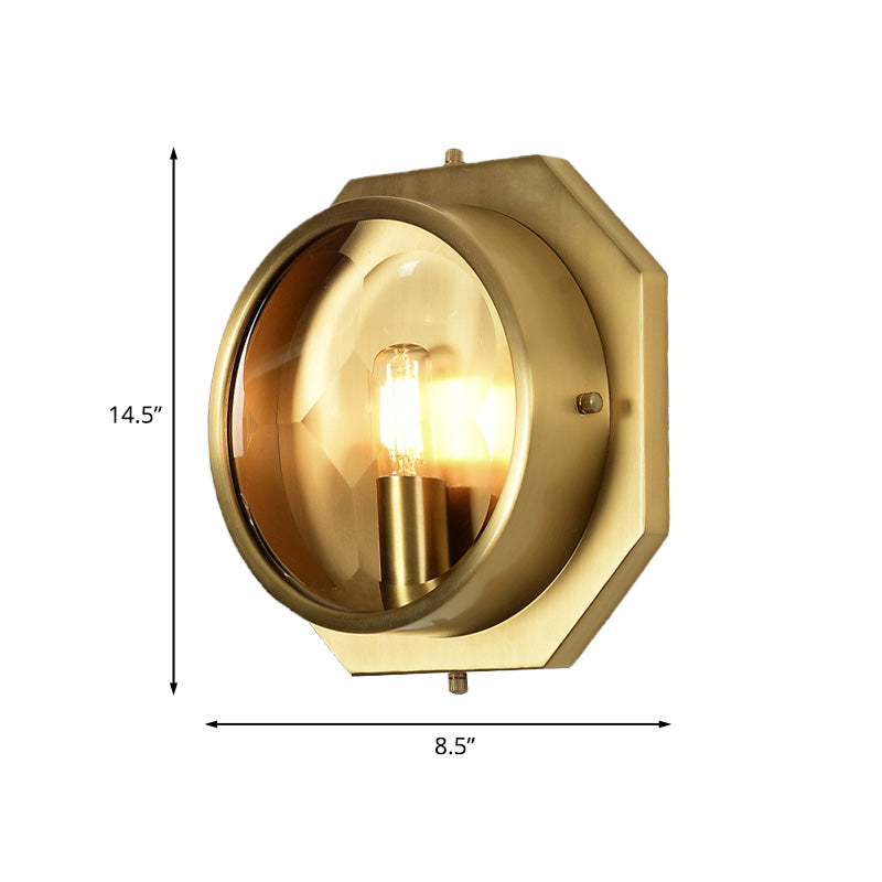 Colonial Octagon Wall Mounted Gold Sconce With Crystal Accent - 1 Head Metal Light Fixture For