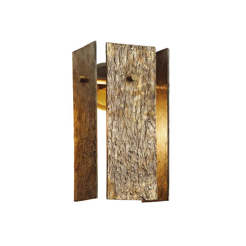 Metal Wall Mounted Bedroom Light - Rectangular Colonial 1 Bulb Fixture In Gold With Bark Texture