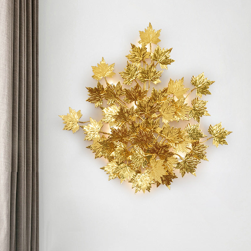 Luxury Gold Aluminium Maple Leaf Wall Sconce Light - 2/8 Heads For Living Room