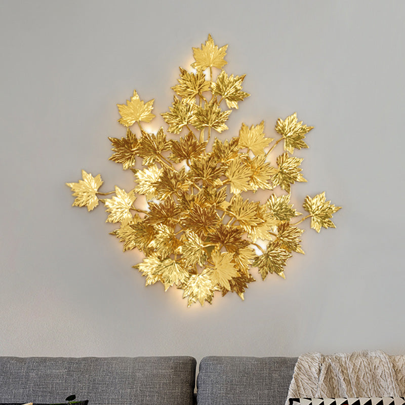 Luxury Gold Aluminium Maple Leaf Wall Sconce Light - 2/8 Heads For Living Room
