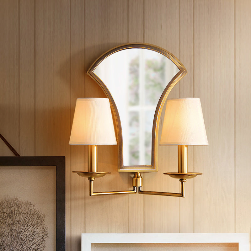 Gold Retro Candlestick Wall Lamp With 2 Bulbs And Mirror-Fabric Shade