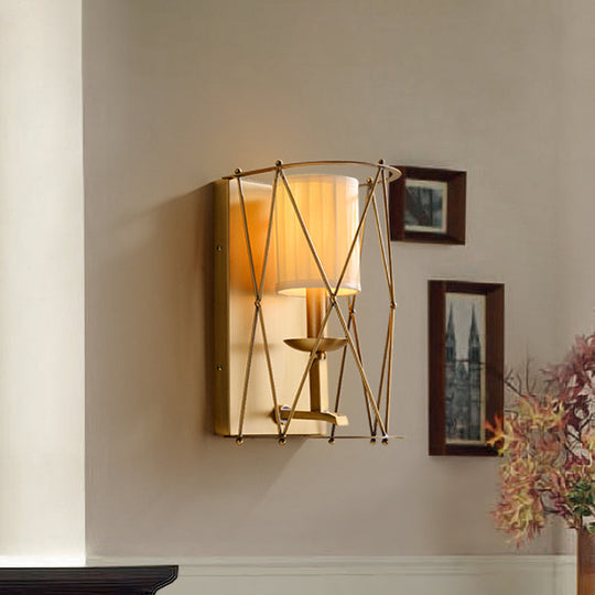 Gold Net Fabric Sconce For Lodges - Cylindrical Wall Lighting