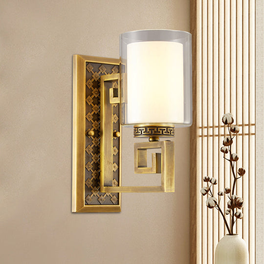 Traditional Antiqued Gold/Black Sconce With Dual Shade Pillar - Wall Mounted Light