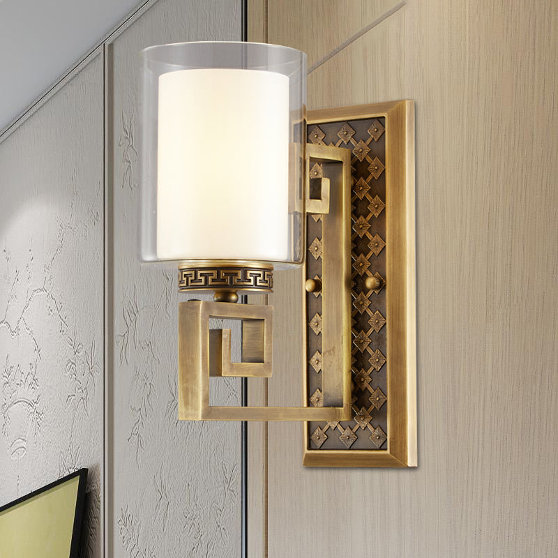 Traditional Antiqued Gold/Black Sconce With Dual Shade Pillar - Wall Mounted Light