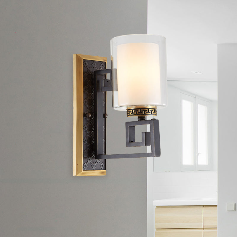 Traditional Antiqued Gold/Black Sconce With Dual Shade Pillar - Wall Mounted Light