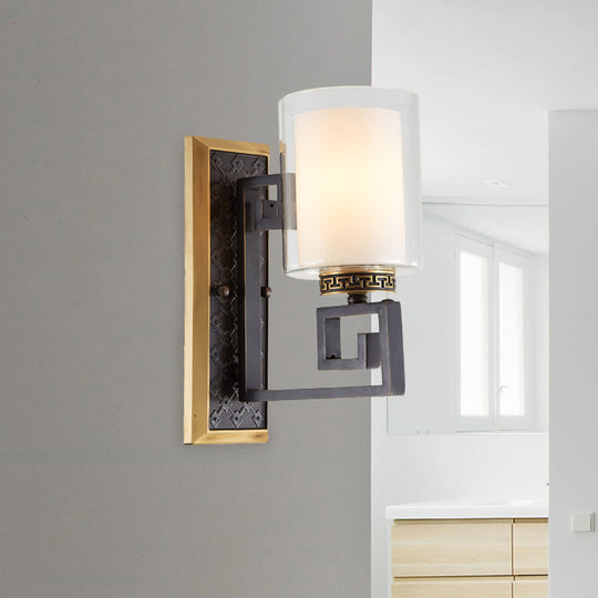 Traditional Antiqued Gold/Black Sconce With Dual Shade Pillar - Wall Mounted Light