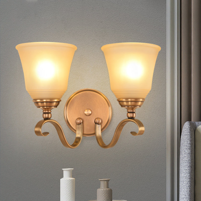 Frosted Glass Gold Wall Lamp 1/2-Light Sconce With Metal Curved Arm - Colonial Style