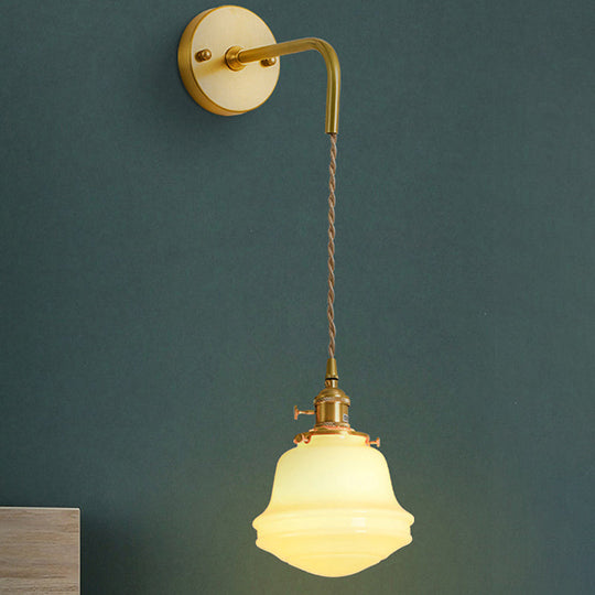 Gold Colonial Bell Sconce Lighting - Milky Glass Bedroom Wall Mounted Light Cord/Straight Arm 1 Bulb