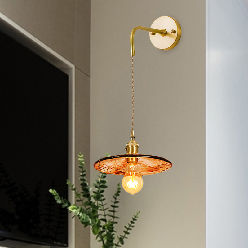 Gold Tan Glass 1-Light Wall Sconce Fixture Colonial Cone/Trapezoid/Flat Design For Living Room Cord