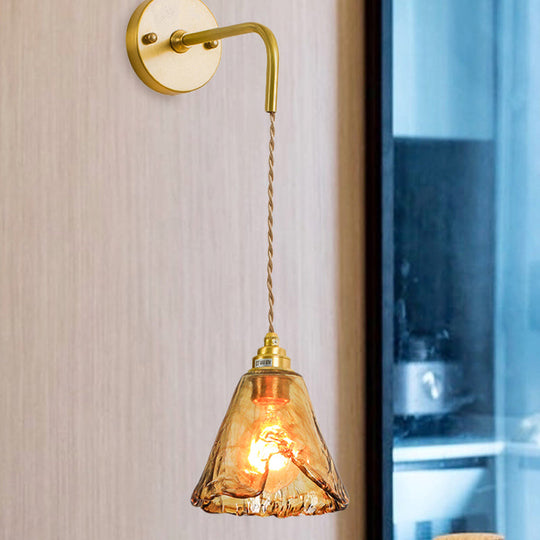 Gold Tan Glass 1-Light Wall Sconce Fixture Colonial Cone/Trapezoid/Flat Design For Living Room Cord